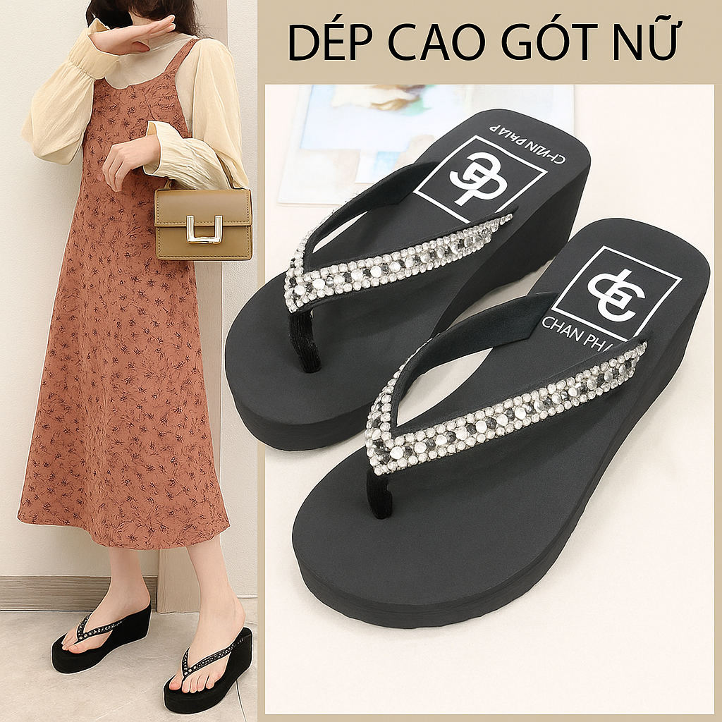 Dép xốp cao gót nhẹ cao 3 phân, 5 phân , 7 phân, 9 phân cho nữ kiểu đính hột.