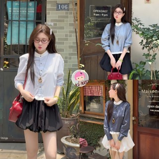 Áo sơ mi kẻ nữ tay dài cổ tròn phối bèo mùa hè đi chơi đi học mùa hè xixeohop - A68