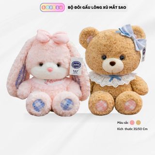 Bộ đôi gấu bông thỏ hồng tai dài gấu teddy nâu lông xù mắt sao cao cấp làm quà tặng gấu bông cho bé