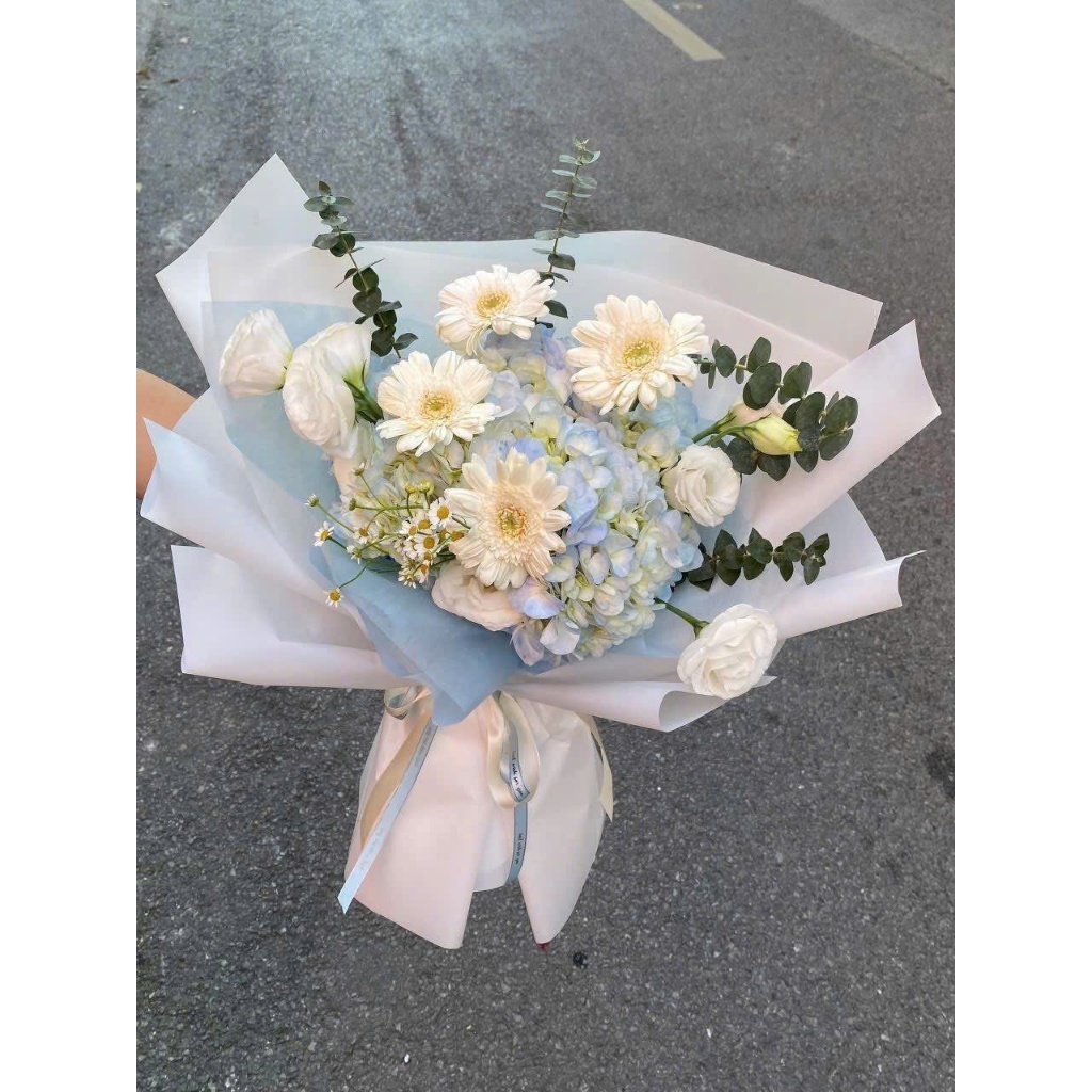 Hoa Cẩm Tú Cầu Xanh Mix Đồng Tiền Trắng - Bó Hoa Tươi Nhẹ Nhàng, Tặng Sinh Nhật, Giao Nhanh