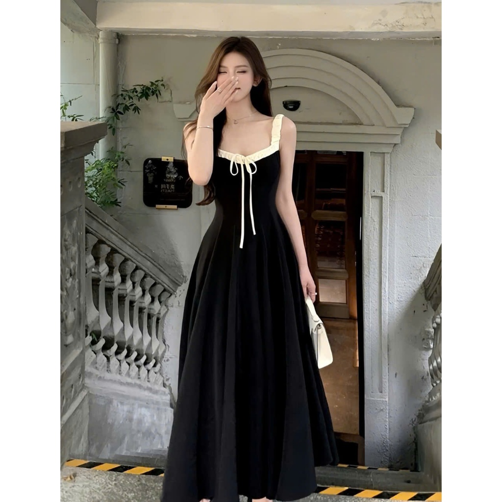  Váy Nữ Thiết Kế Hai Dây Viền Trắng Thắt Nơ Cúp Ngực Chiết Eo Maxi Dáng Xoè Tone Đen Basic Sang Trọng 