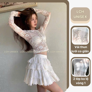 Áo lưới kiểu trễ vai 1 bên có lớp lót an toàn LCH Áo tay dài trễ vai chất vải ren lưới ôm body gợi cảm
