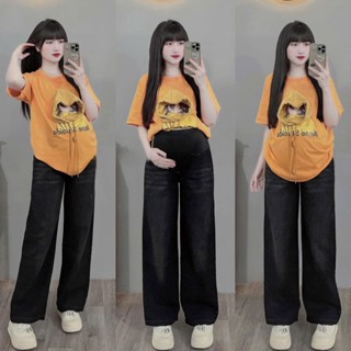 Quần bầu - Quần jean bầu - Quần bò bầu ống suông rộng mài ngang dọc có đáp bụng 045 - Q033