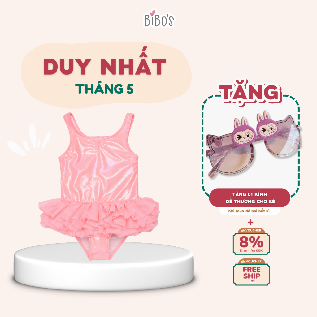 Đồ Bơi Cho Bé Gái Đi Biển Màu Hồng Bibo's Kids Liền Thân, Bikini Bé Gái Bèo Nhún Hồng Dễ Thương