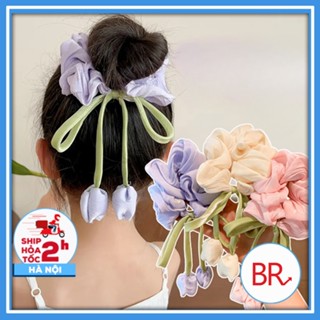  Dây buộc tóc scrunchies ruy băng đính hoa tulip dễ thương - Nơ búi tóc hoa Tulip ngọt ngào thanh lịch dành cho nữ 02812 