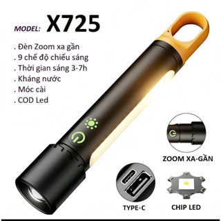 Đèn Pin X725 Thời Gian Sáng 3h đến 7h, Zoom xa gần, cod led -9 chế độ sáng - kháng nước