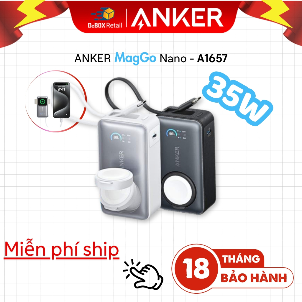 Pin Sạc Dự Phòng ANKER Nano kiêm Sạc không dây A2ple Watch 10000mAh 35W 1C | Đạt MFW | Tích hợp sẵn 