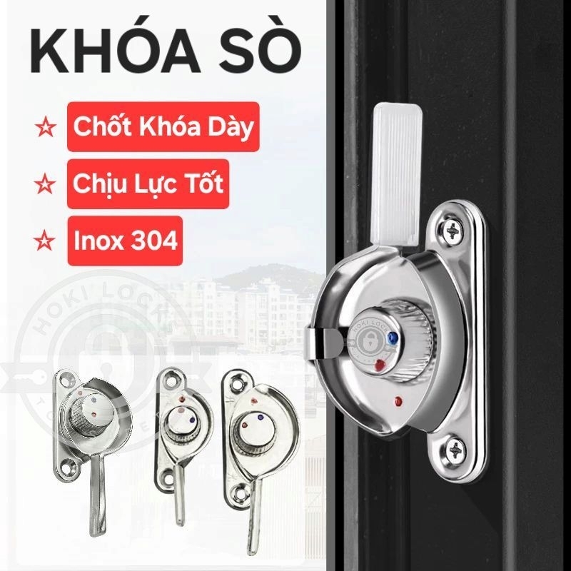 Khóa Sò Vặn Xanh Đỏ Inox 304 cho Cửa Sổ Lùa, Cửa trượt, có kèm móc khóa