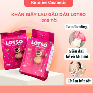 [ COMBO 3 BỊCH ] Khăn Lau Đa Năng Gấu Dâu LOTSO Mỗi Bịch 200 tờ + Tặng Kèm Móc Khăn Lau Mặt Giấy Vệ Sinh
