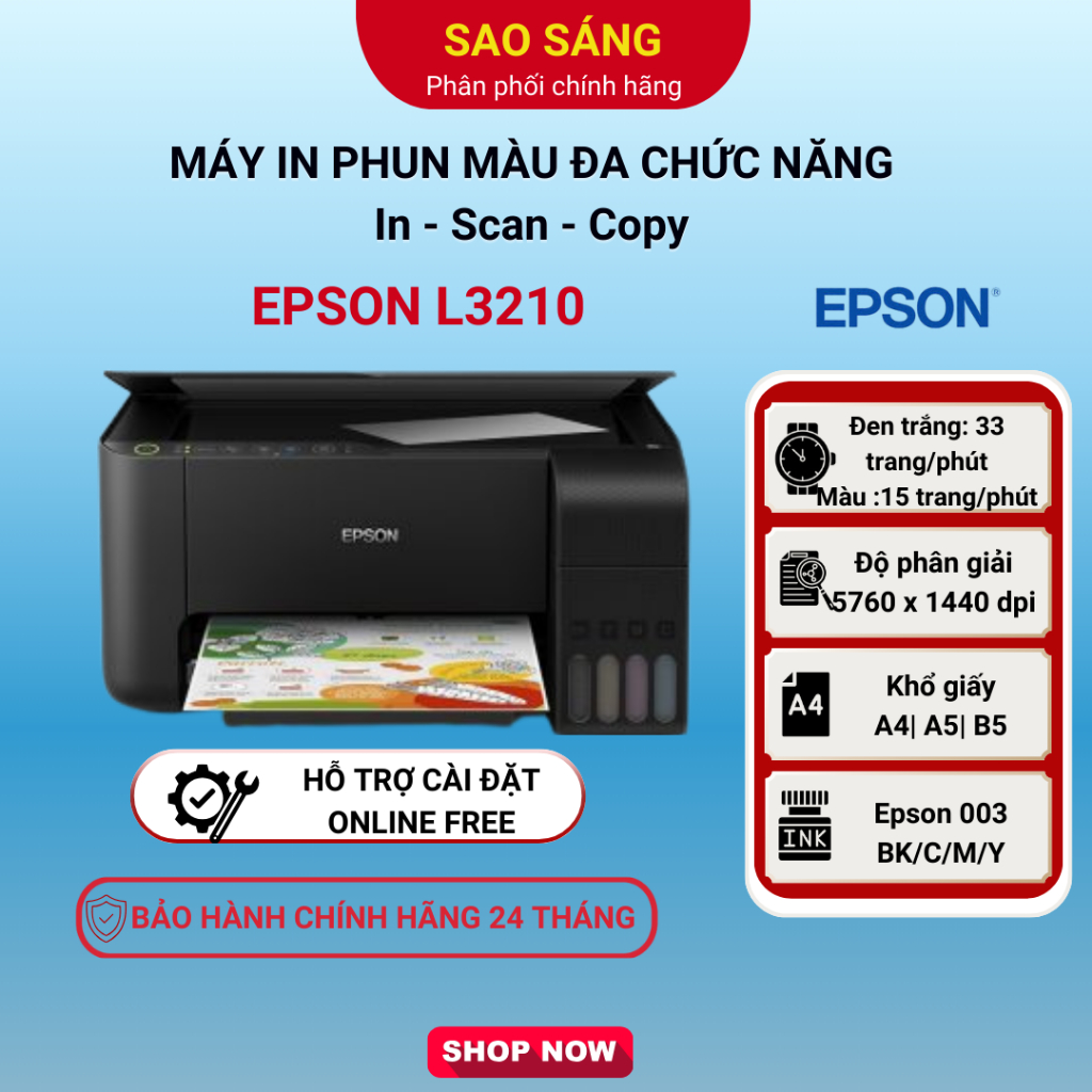 Máy in phun màu Epson L3210 | In - Scan - Copy, tiết kiệm mực.