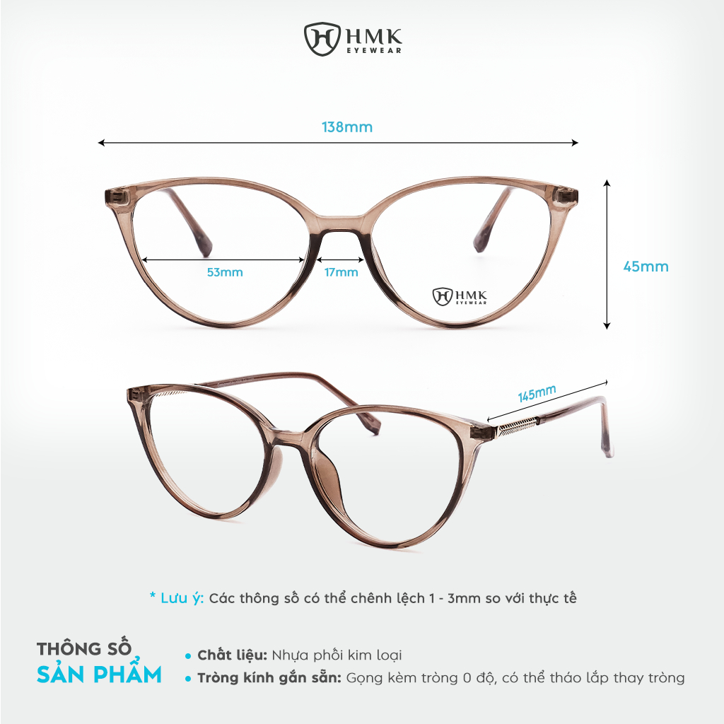 Kính Mắt Mèo Nâu HMK Eyewear Nhựa Nhiều Màu Thời Trang Nữ Lắp Được Cận -MM30327 x ECMM5016 x MM32018 | BigBuy360 - bigbuy360.vn