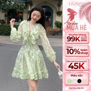 Đầm Hoa Nhí Tiểu Thư Tay Bồng LiLiQiQi By LeeGi Đầm Đan Dây Ngực Chiết Eo Hoa Nổi - VT727