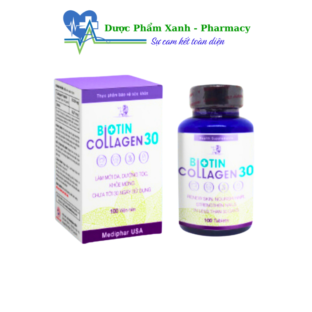 Biotin Collagen 30 Viên uống đẹp da, hỗ trợ mọc tóc chuẩn - Hộp 100 viên