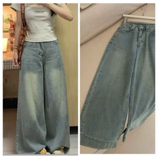  Quần jeans suông ống rộng gấu to 5cm màu mới mài bạc đùi cạp cao phong cách style Hàn Quốc 