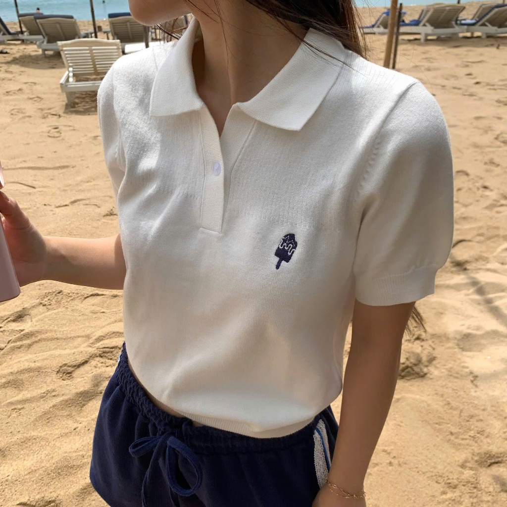 Áo Polo Dệt Kim ICEPOP Calem.Club họa tiết Thêu Mini vải trơn form nữ | BigBuy360 - bigbuy360.vn