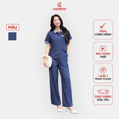 Bộ đồ jean nữ CARDINA áo cộc tay phối cổ sọc chất liệu denim dáng suông trẻ trung 5BJD01