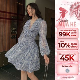 Váy Hoa Nhí Tiểu Thư Đan Dây Ngực LiLiQiQi By LeeGi Đầm Hoa Dài Tay Chiết Eo - Min609