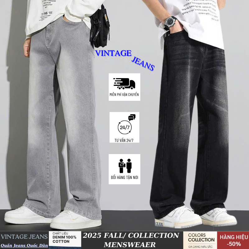 Quần Jean Ống Suông Rộng Nam Wash 3 Màu Đen Trầm SMOKE Vintage Jeans Cạp Cao, Quần Bò Nam Dáng Baggy Phong Cách Hàn Quốc