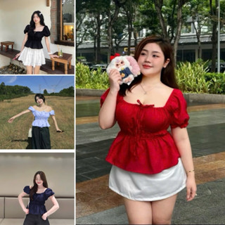  Áo Bigsize Nữ Babydoll Tay Phồng Kiểu Dáng Peplum Nhún Eo Che Bụng Chất Cotton Hot Trend 50-95kg  Mã A103 Noel Tết 