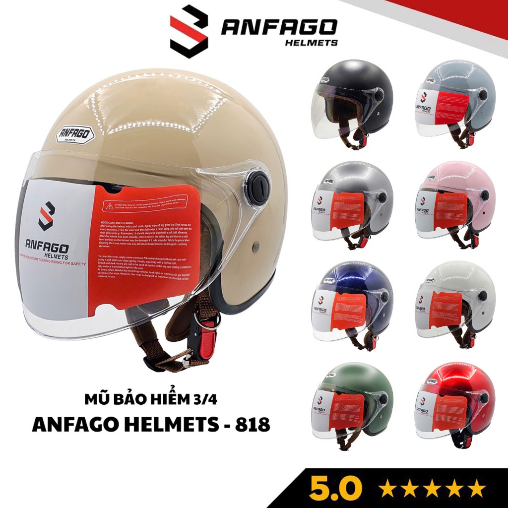 Mũ bảo hiểm 3/4 đầu có kính ANFAGO HELMETS - 818 an toàn, kính dài che cả mặt, nhiều màu cho cả nam và nữ