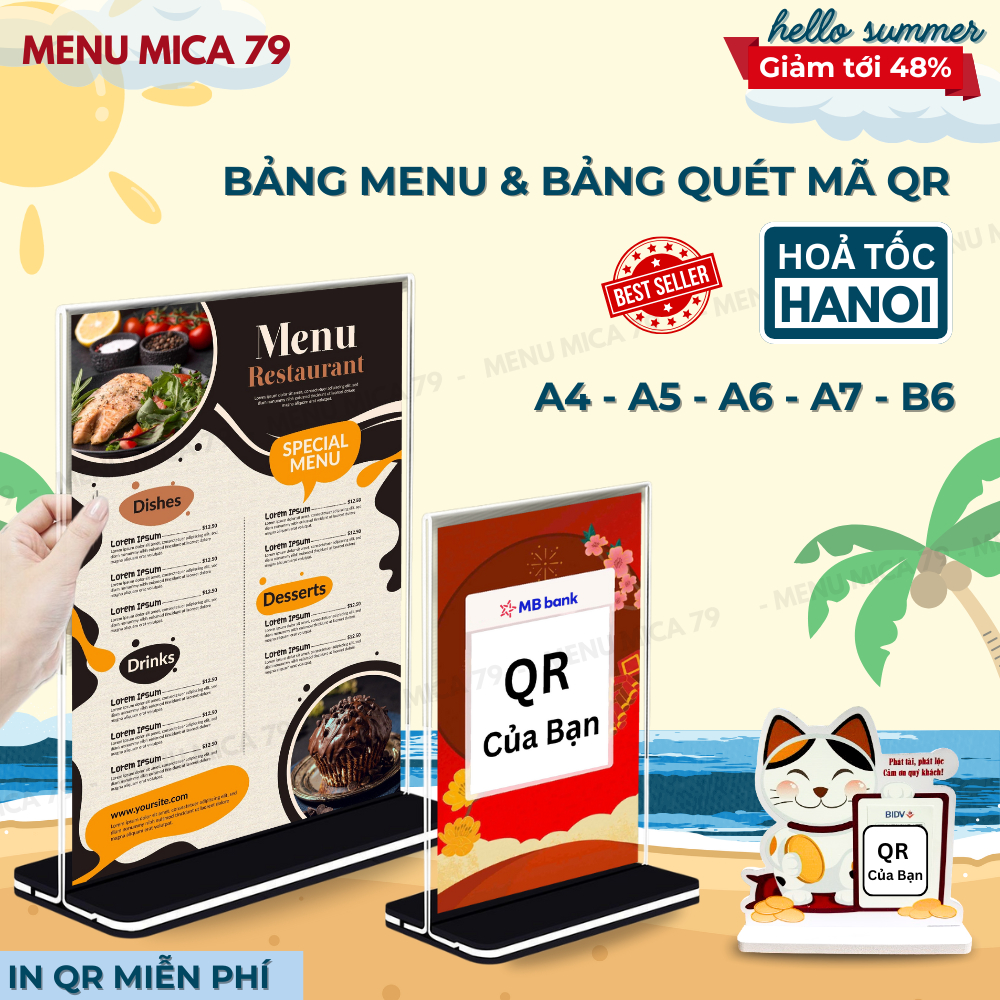 Bảng menu mica trong suốt A4, A5, A6, A7,B6, Bảng quét mã QR, Hỗ trợ in mã QR Miễn Phí