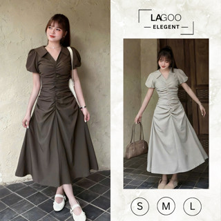 Đầm Fiora dáng dài tay bồng phối cổ chữ V xinh xắn, váy nữ nhún eo có dây buộc thanh lịch đi làm đi chơi  Lagoo Elegent