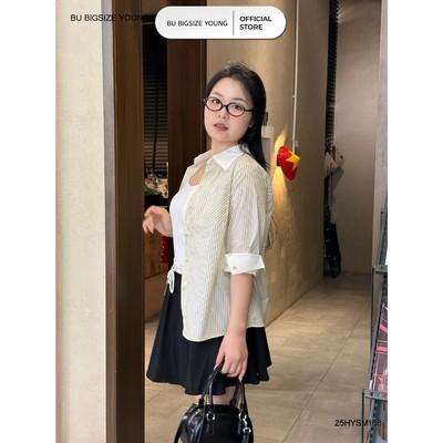 Áo sơ mi kẻ phối cổ măng séc trắng BIGSIZE (55kg đến 95kg) –  25HYSM151 - [BU Bigsize Young]