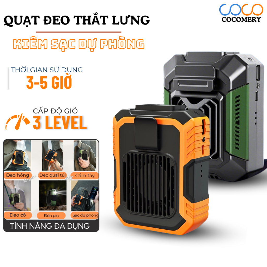 Quạt Tích Điện Kiêm Sạc Dự Phòng Đeo Thắt Lưng. Quạt Đeo Thắt Lưng Có Đèn Tích Hợp Sạc Dự Phòng