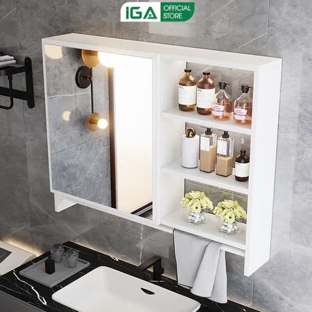 Tủ gương nhà tắm phòng ngủ treo tường màu full trắng nhiều ngăn để đồ tiện lợi decor phòng IGA- GM207