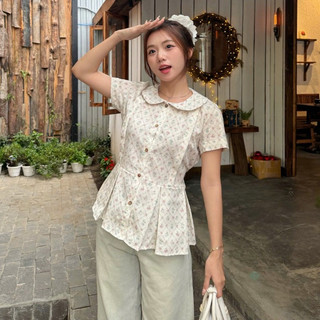  Áo Babydoll Nữ Phối Dây Eo Cổ Sen Hoa Nhí – Phong Cách Retro Vintage Tôn Dáng 