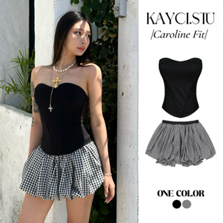 [ CAROLINE FIT ] Set Áo Croset Cúp Ngực Vạt Bầu và Chân Váy Bí Kẻ Caro Balloon Skirt siêu hack dáng