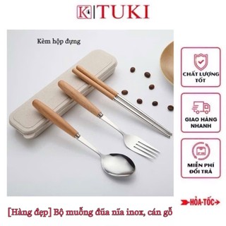 [Hàng đẹp] Bộ muỗng đũa nĩa cao cấp chất liệu inox, cán gỗ, kèm hộp đựng - tiện dụng, siêu bền