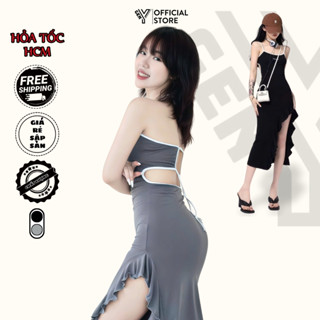 Đầm Body Cổ Yếm Hở Lưng Dây Rút GenY Váy Ôm Body Xẻ Tà Gợi Cảm Chất Vải Mềm Mại Co Giãn T11