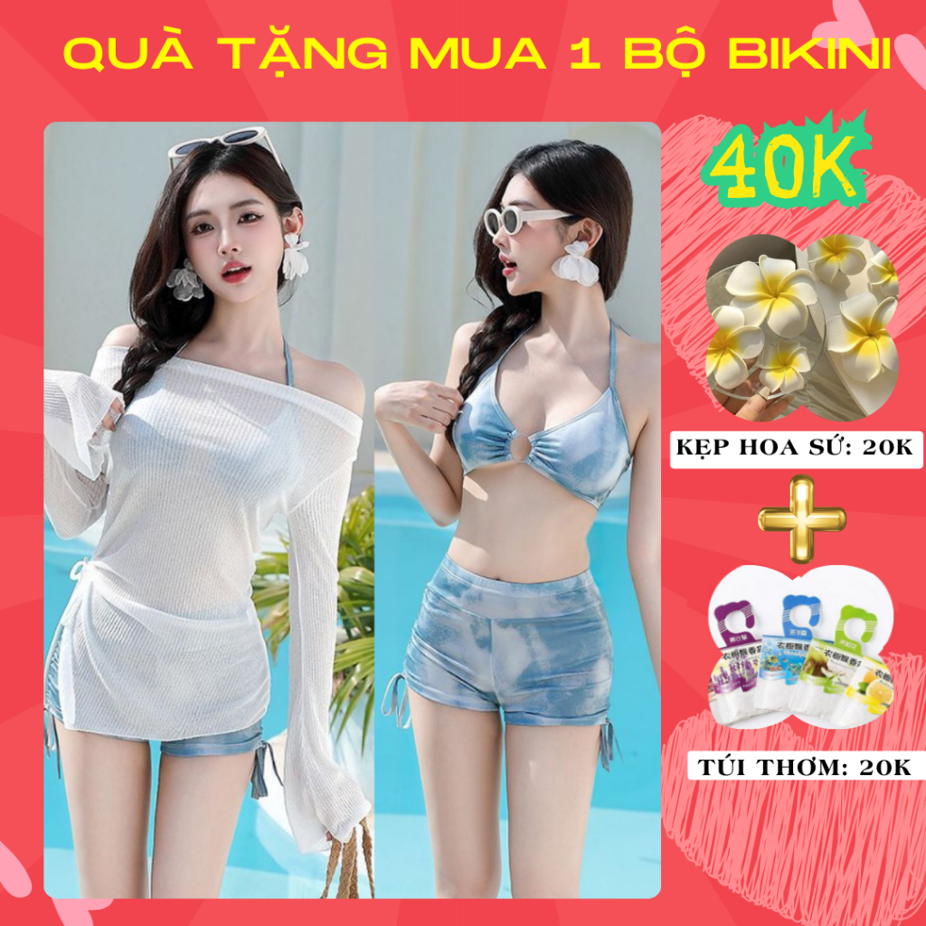 Bikini kín đáo đồ bơi 3 chi tiết set áo quần đùi bộ bơi cho nữ đi biển áo dài tay màu trắng SET 3 ÁO TRẮNG B2 | BigBuy360 - bigbuy360.vn