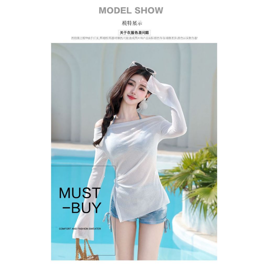 Bikini kín đáo đồ bơi 3 chi tiết set áo quần đùi bộ bơi cho nữ đi biển áo dài tay màu trắng SET 3 ÁO TRẮNG B2 | BigBuy360 - bigbuy360.vn