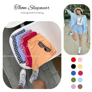  thomsleepwear Quần short nữ kẻ caro mùa hè quần đùi vải đũi cạp thấp đi biển đồ ngủ tí hon mặc nhà 