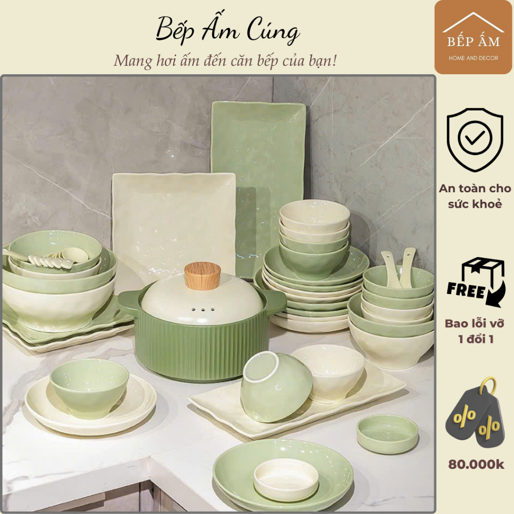 Bát đĩa sứ chén cơm dĩa sứ tô canh tô nhỡ tô mì Kem Xanh bơ pastel vân đá cao cấp Bếp ấm cúng