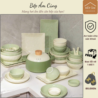 Bát đĩa sứ chén cơm dĩa sứ tô canh tô nhỡ tô mì Kem Xanh bơ pastel vân đá cao cấp Bếp ấm cúng