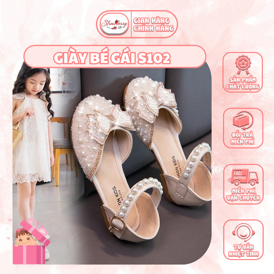 Giày Bé Gái Strawberrynbearshop S102 - Giày Búp Bê Bé Gái Công Chúa Cao Cấp Đính Nơ Ngọc Trai Lấp Lánh Cho Bé 3-12 tuổi