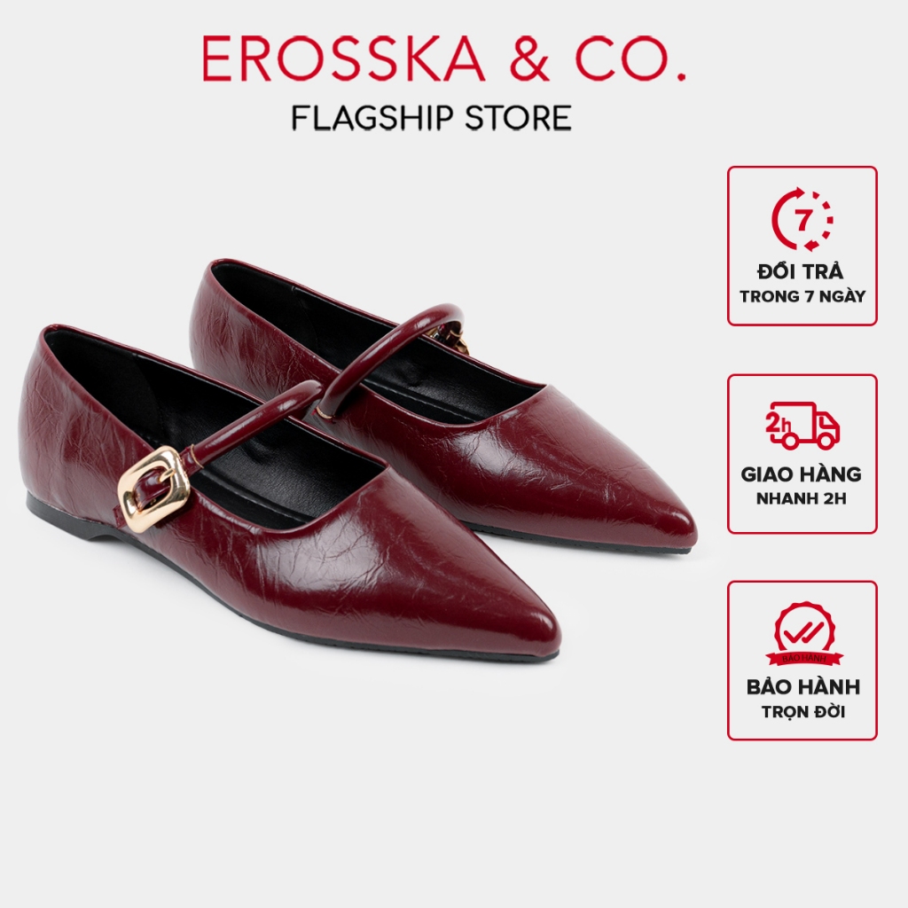 Erosska - Giày búp bê nữ mũi nhọn phối quai ngang kiểu dáng đơn giản cao 2cm màu đỏ đô  - EL077