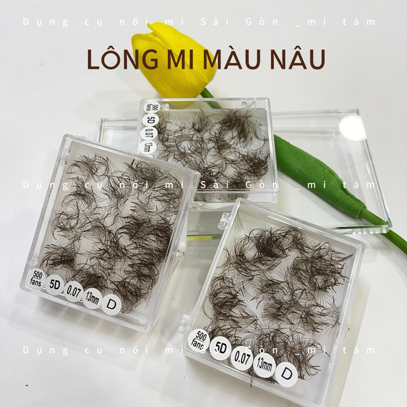 Lông mi màu nâu 5D _ Mi fan volume 5D - MÀU NÂU (500fans) - Dài 9-15mm - Cong C CC D - Dày 0.07mm