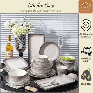  Bộ bát đĩa chén dĩa sứ màu khói xám viền đen sang trọng Bếp ấm cúng 
