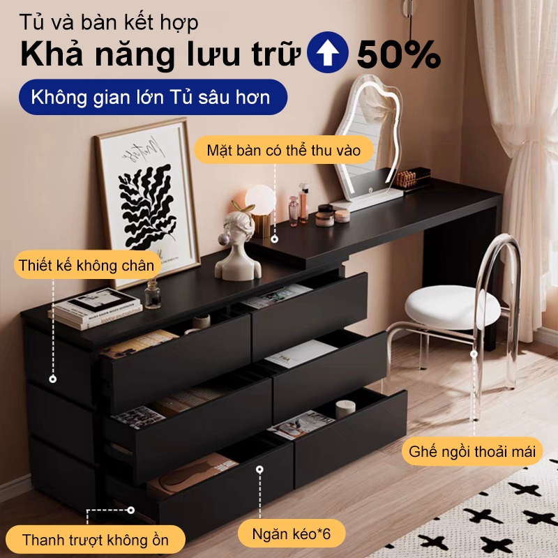 HEINO Bàn Trang Điểm 2in1 Gỗ Đen - Tủ Đầu Giường Đa Năng Thiết Kế Hiện Đại Hot Kèm 6 Ngăn Kéo | BigBuy360 - bigbuy360.vn