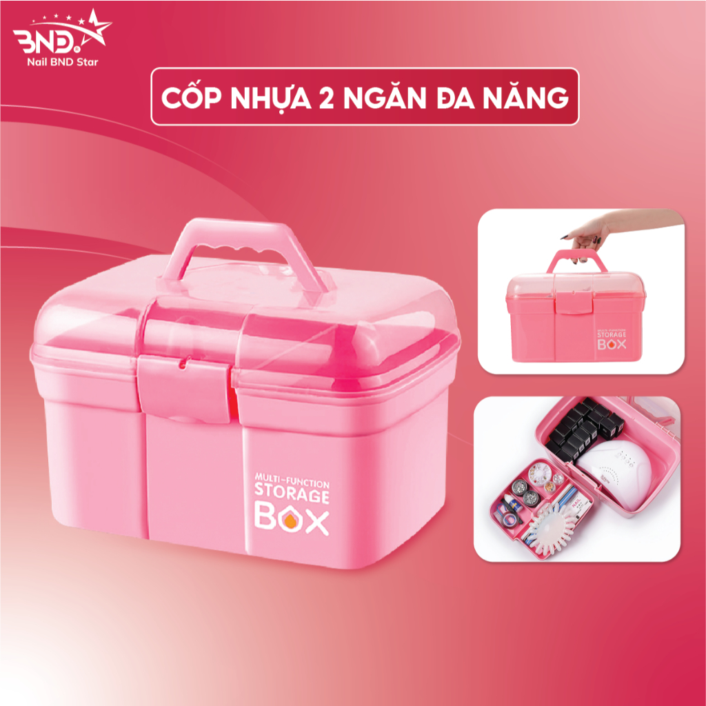 Cốp nhựa 2 tầng đựng đồ nail - Cốp nhựa nail nhỏ gọn đựng dụng cụ, phụ kiện nail màu hồng tiện lợi