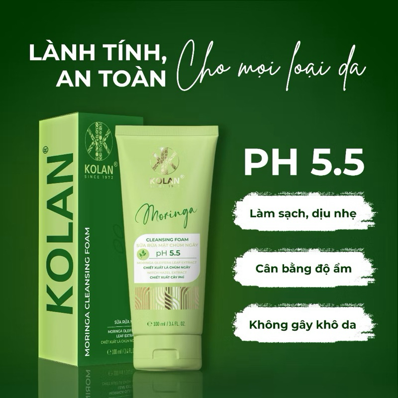 Sữa Rửa Mặt KOLAN 100ml, Sạch Sâu, Dưỡng Ẩm, Ngừa Mụn, Chiết Xuất Chùm Ngây - Mẫu Mới