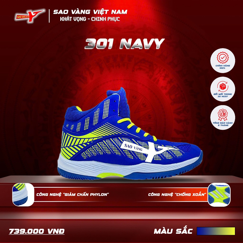 GIÀY BÓNG CHUYỀN SAO VÀNG 301 NAVY TẶNG KÈM TẤT - GIÀY THỂ THAO