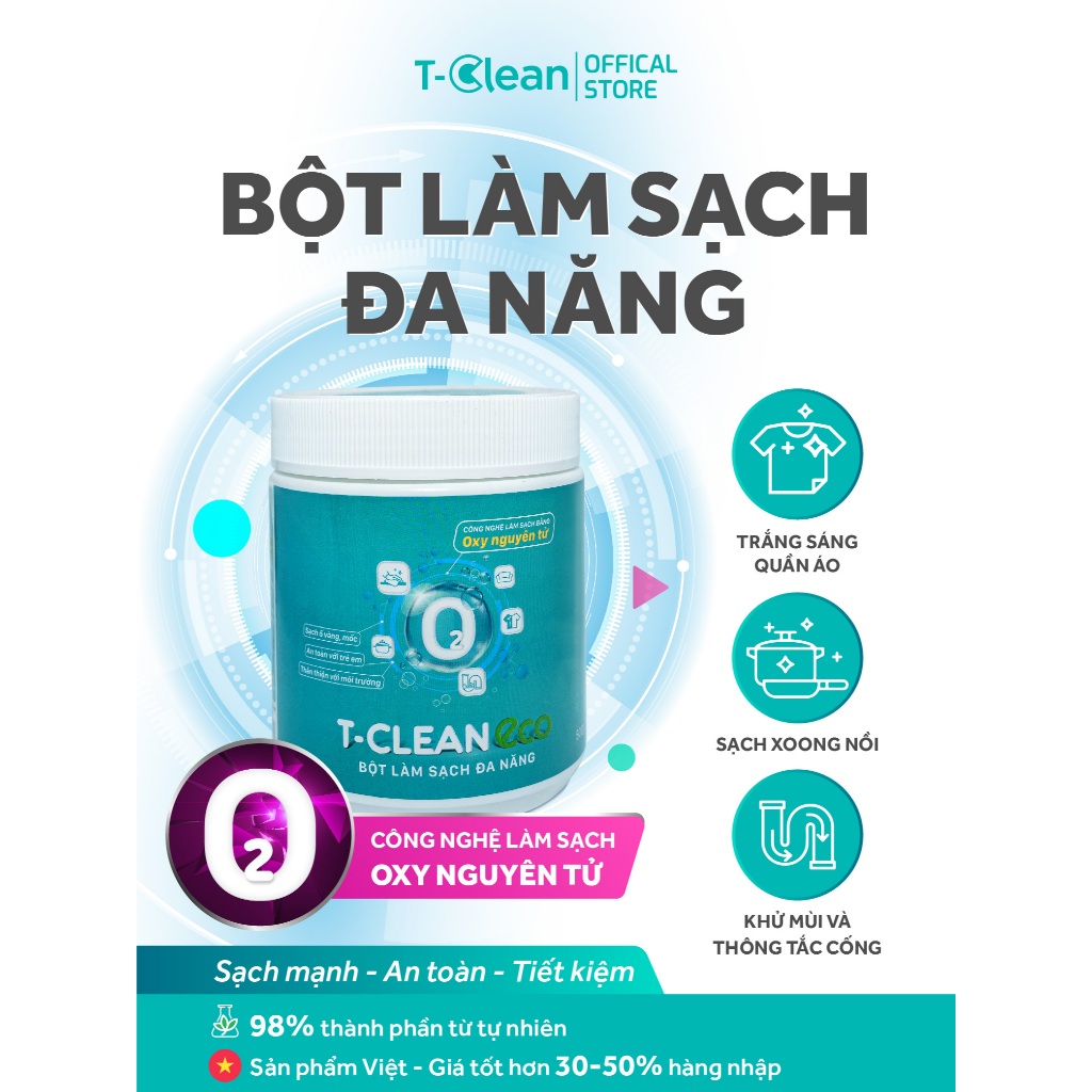 T-Clean Bột đa năng TP tự nhiên làm sạch xoong nồi inox, quần áo, khử mùi hôi tắc cống..