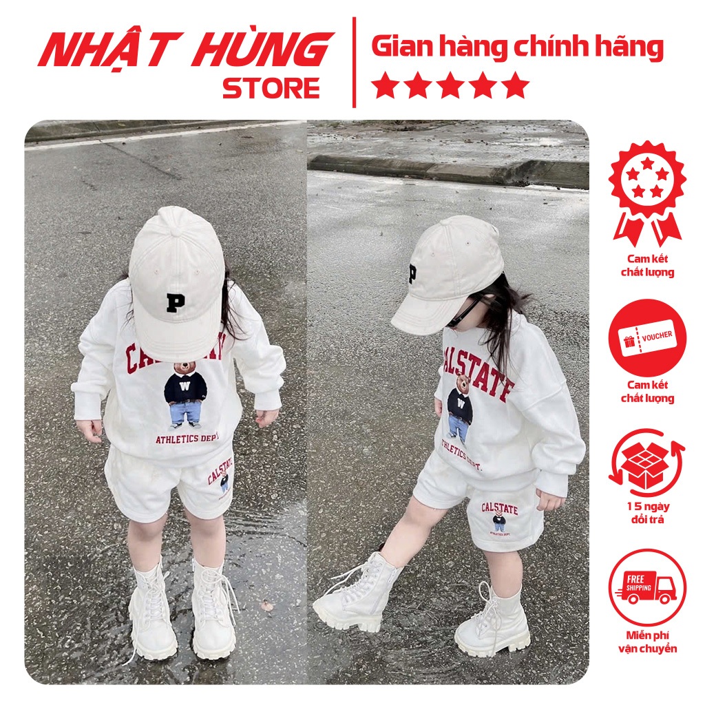 Bộ quần áo nỉ 2 da thu đông in GẤU W cho bé trai bé gái từ 10-63kg hiệu Nhật Hùng NH70