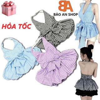 [ SB-102 ] Sét bộ nữ áo caro cổ yếm bí hở lưng trễ vai và chân váy 2 tầng có quần lưng thun eo 58-75cm 2 Size S M