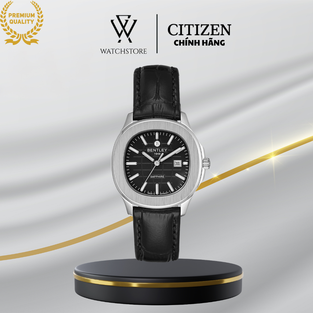 Đồng Hồ Nữ Bentley BL1869-10LWBB Màu Đen Viền Bạc Dây Da Mặt Kính Sapphire 36mm Kháng Nước Chính Hãn